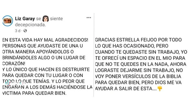  Liz Garay acusó a Estrella Feijoó como la culpable de que se quedase sin trabajo. Foto: captura de Facebook/Liz Garay<br><br>    