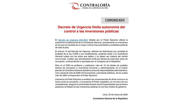 EL DU del Gobierno de Dina Boluarte afectaría el trabajo de fiscalización en las inversiones públicas. Foto: Contraloría   