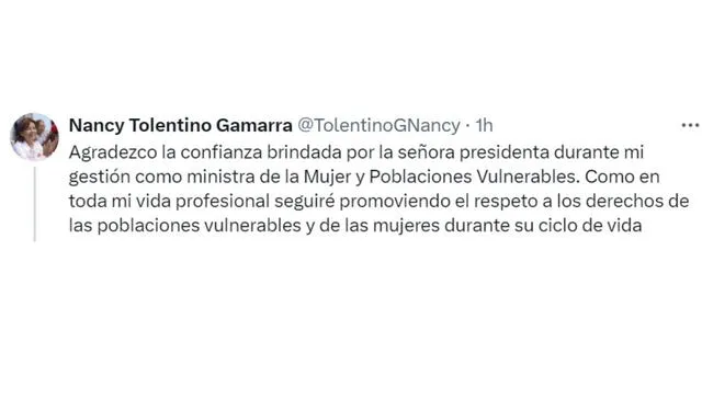 Comunicado de Nancy Tolentino agradeciendo a la presidenta Boluarte.   