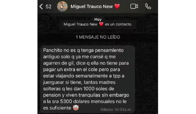  Chat publicado de Miguel Trauco con Francisco Arévalo, conductor de espectáculos de Tarapoto. Foto: Francisco Arévalo / Instagram   
