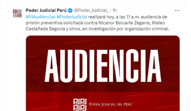  Comunicado del PJ que anuncia audiencia de pedido de prisión preventiva contra Nicanor Boluarte.    