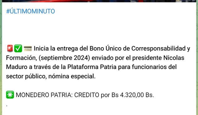 El Bono de Corresponsabilidad y Formación llegó el 9 de septiembre. Foto: Canal Patria Digital/ Telegram