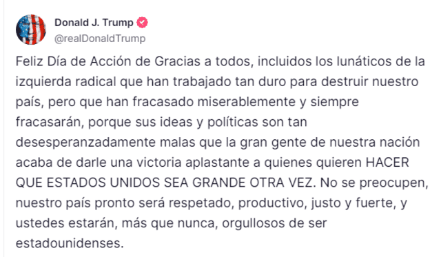 Donald Trump aprovechó la festividad para enviar un mensaje cargado de críticas hacia sus opositores políticos. Foto: captura de pantalla   