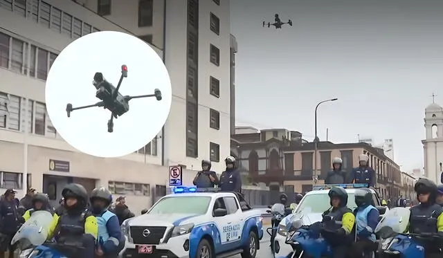 Lanzan drones en el Centro de Lima. Foto: Composición LR/Canal N Lanzan drones en el Centro de Lima. Foto: Composición LR/Canal N