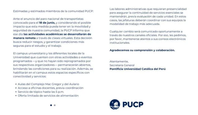 Comunicado de la PUCP. Foto: IG   