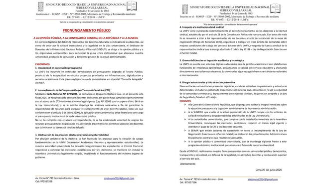  Comunicado del sindicato de docentes UNFV. Foto: Composición LR/difusión   