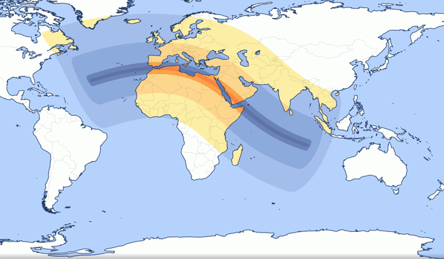  El eclipse solar total será visible desde África, Europa y Oriente Medio. Foto: Time and Date   