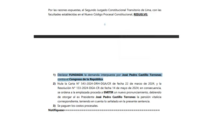   Decision of the Judiciary granted by life pension to Pedro Castillo 