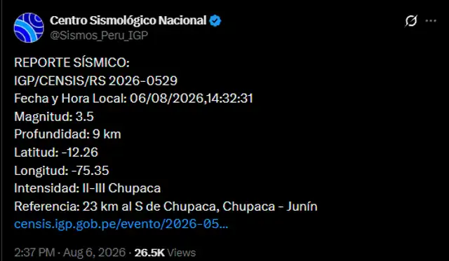 Réplica de 3,5 volvió a remecer Chupaca.