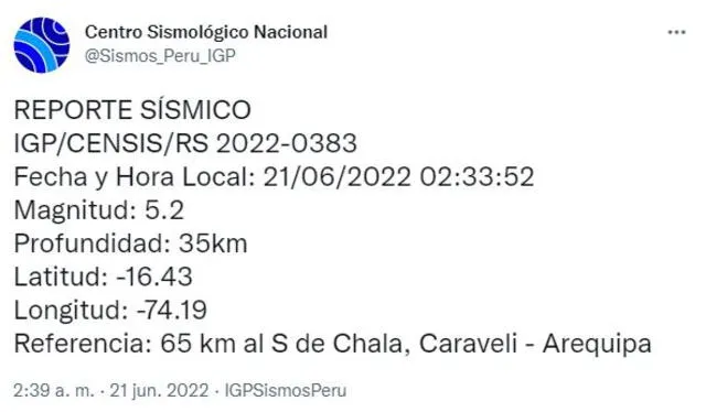 Datos del sismo en Arequipa. Foto: captura de Twitter @Sismos_Peru_IGP