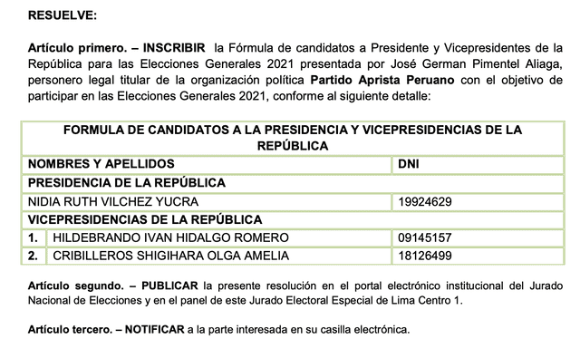 JEE inscribe fórmula presidencial del APRA, encabezada por Nidia Vílchez . Foto: captura/JNE