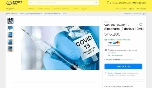 Captura de pantalla presenta a la vacuna de Sinopharm en el portal MercadoLibre. Foto: difusión