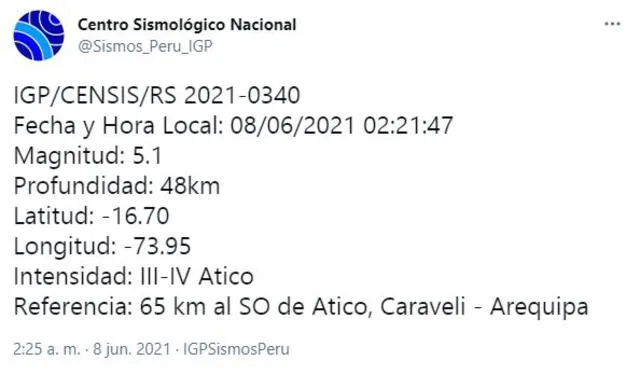 Datos del temblor en Arequipa. Foto: captura Twitter