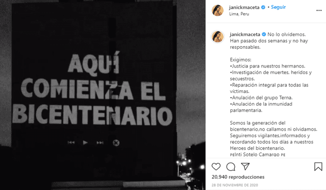 Janick Maceta expresó su indignación por el golpe de Estado de noviembre del 2020. Foto: Instagram