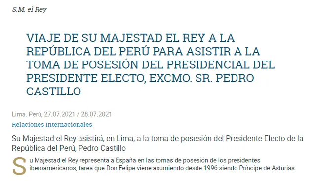 Felipe VI estará en la ceremonia de asunción presidencial de Pedro Castillo. Foto: captura/Casa Real
