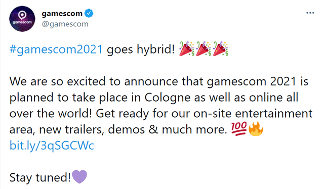 Anuncio oficial sobre la celebración de la GamesCom 2021. Foto: Twitter / @gamescom
