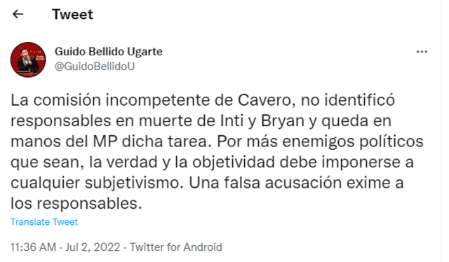 Guido Bellido se pronunció a través de su cuenta de Twitter. Foto: captura de Twitter/Guido Bellido.