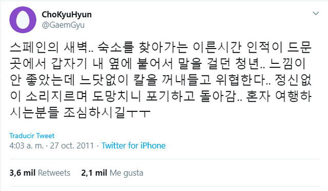 Tweet de Kyuhyun relatando cómo fue asaltado en España. Octubre 2011.