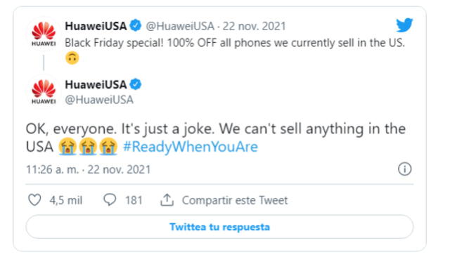 Tuit de Huawei que se volvió viral. Foto: captura de Twitter