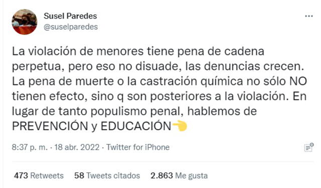 Susel Paredes criticó la propuesta del Ejecutivo a través de sus redes sociales. Foto: Twitter.