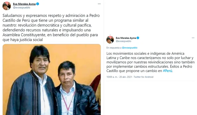 “Éxitos a Pedro Castillo que propone un cambio en Perú”, escribió Morales. Foto: captura