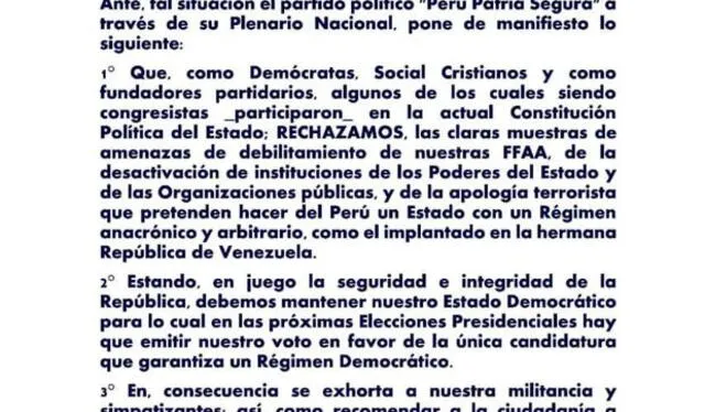 Comunicado de Perú Patria Segura informando su apoyo a candidatura de Keiko Fujimori. Foto: documento/web PPS
