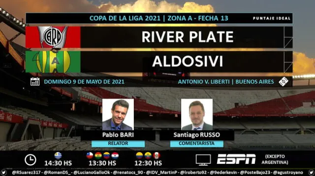 River Plate vs Aldosivi por ESPN. Foto: Puntaje Ideal/Twitter