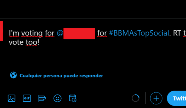 Mensaje predeterminado para tuitear y votar en los BBMAs 2021. Foto: captura Twitter