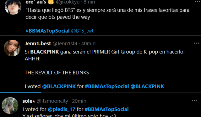 Ejemplo de votaciones en Twitter por fans de BTS, BLACKPINK y SEVENTEEN para los BBMAs 2021. Foto: captura Twitter