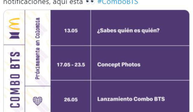 The BTS Meal: calendario Mc Donald's Colombia. Foto: Twitter