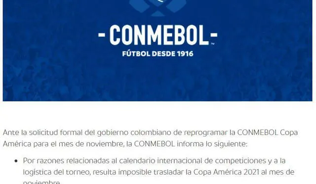 Comunicado de la Conmebol sobre pedido de Colombia para aplazar la Copa América