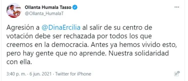 Ollanta Humala rechazó las agresiones contra Dina Boluarte por parte de simpatizantes de Fuerza Popular. Foto: captura/Twitter Ollanta Humala