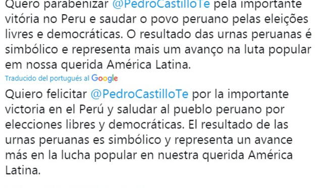 Lula da Silva felicita a Pedro Castillo por "importante victoria en el Perú"