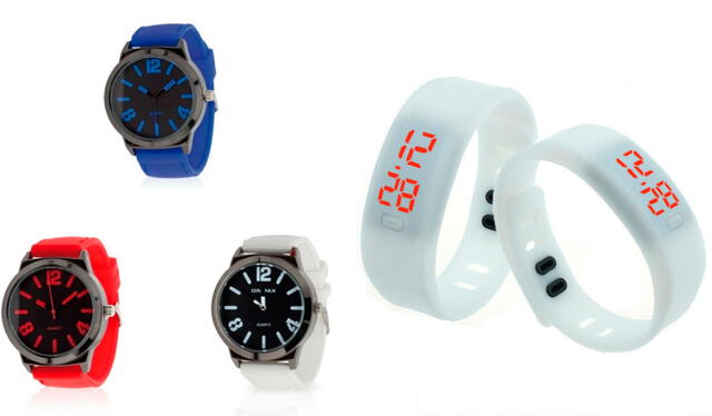 Los relojes de pulsera de silicona, ya sean analógicos o digitales, pueden conseguirse a precios módicos. Foto: composición/Novo Distribuciones/eBay