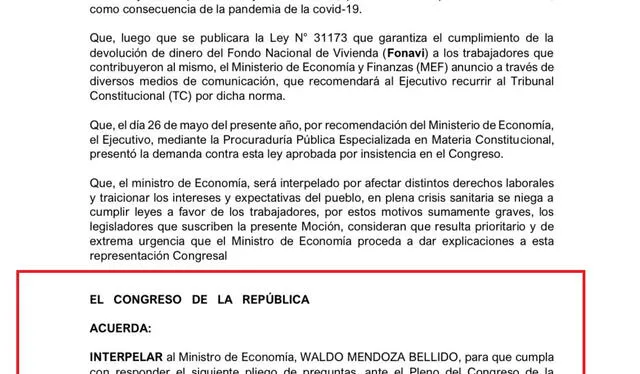 Moción presentada en el Congreso para interpelar al ministro de Economía, Waldo Mendoza. Foto: captura/documento