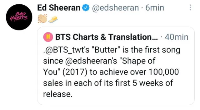 Ed Sheeran y su post a BTS. Foto: captura Twitter