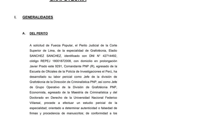 Una pericia sin firma. Milagros Takayama presentó este informe pericial de grafotecnia que no cuenta con la firma del perito Eladio Sánchez Sánchez. Foto: difusión