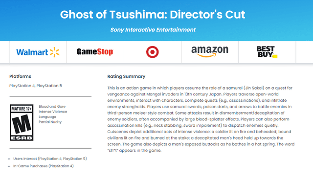 Ghost of Tsushima: Director's Cut aparece clasificado como juego para PS4 y PS5 en la ESRB. Foto: Level Up