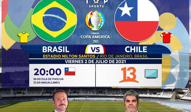 Brasil vs Chile vía Canal 13. Foto: Top Sports/Twitter