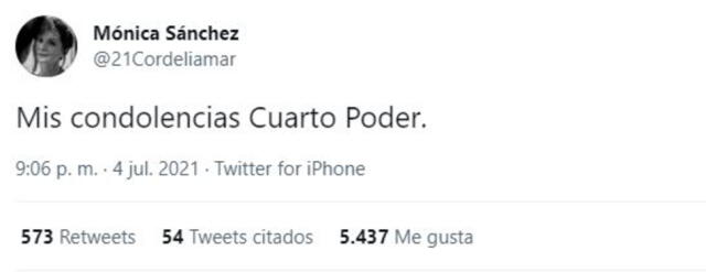 El mensaje de Mónica Sánchez tras el ingreso de Sebastián Salazar a Cuarto Poder. Foto: Mónica Sánchez/ Twitter