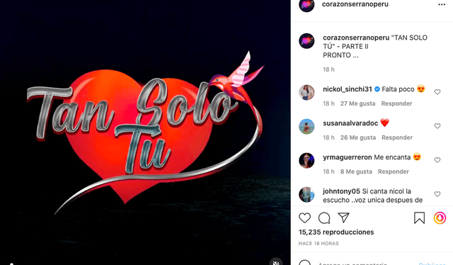 Corazón Serrano anuncia el estreno de su tema “Tan solo tú II”. Foto: captura Instagram
