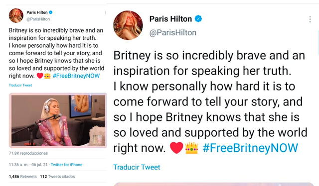 6.7.2021 | Tweet de Paris Hilton sobre Britney Spears. Foto: captura Paris Hilton / Twitter