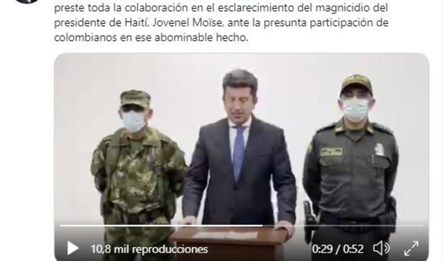 Publicación en Twitter del Ministro de Defensa de Colombia, Diego Molano Aponte. Foto: captura Twitter