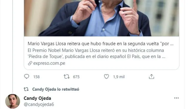 Candy Ojeda respalda historia de presunto fraude dicho por Vargas Llosa y López. Foto: captura/Twitter