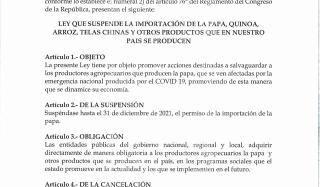 Proyecto de Ley 8037/2021-CR, "Proyecto que suspende la importación de papa, quinua, arroz, telas chinas y productos que en el país se producen", del congresista Orlando Arapa de Acción Popular.