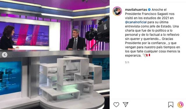 Mávila Huertas tras entrevista al presidente Francisco Sagasti: “Gracias por la confianza”. Foto: captura Instagram