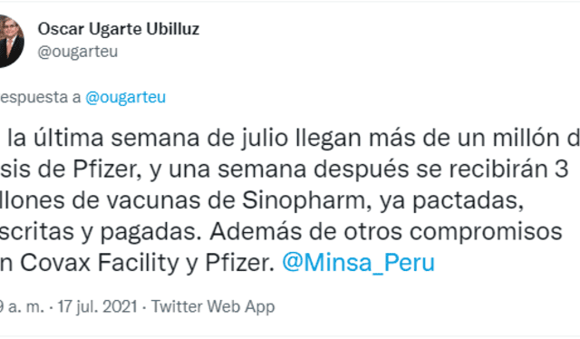 Tuit del ministro de Salud, Óscar Ugarte. Foto: Captura de Twitter Tuit del ministro de Salud, Óscar Ugarte. Foto: Captura de Twitter