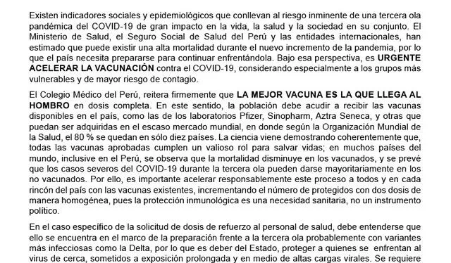 Comunicado de Colegio Médico del Perú