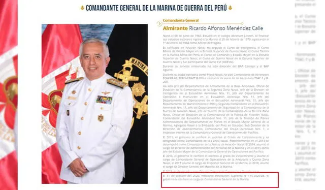 Actual comandante general de Marina de Guerra. Foto: captura de la página de la Marina de Guerra.