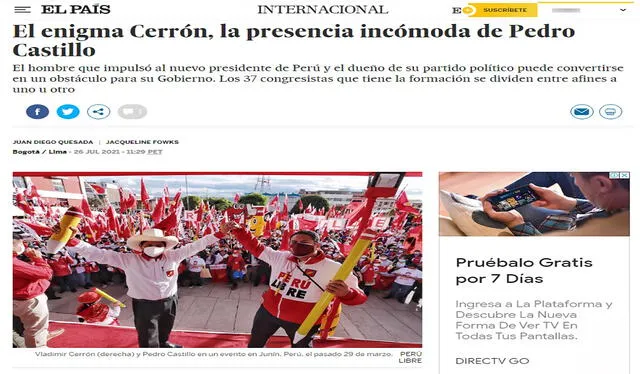 Pedro Castillo y el "enigma Cerrón" fue reflexionado en España. Foto: captura de El País